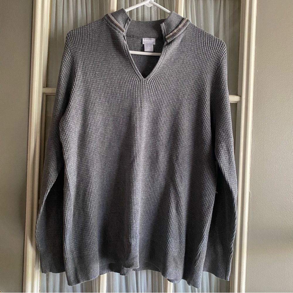 NWT Chicos gray waffle stitch beaded sweater